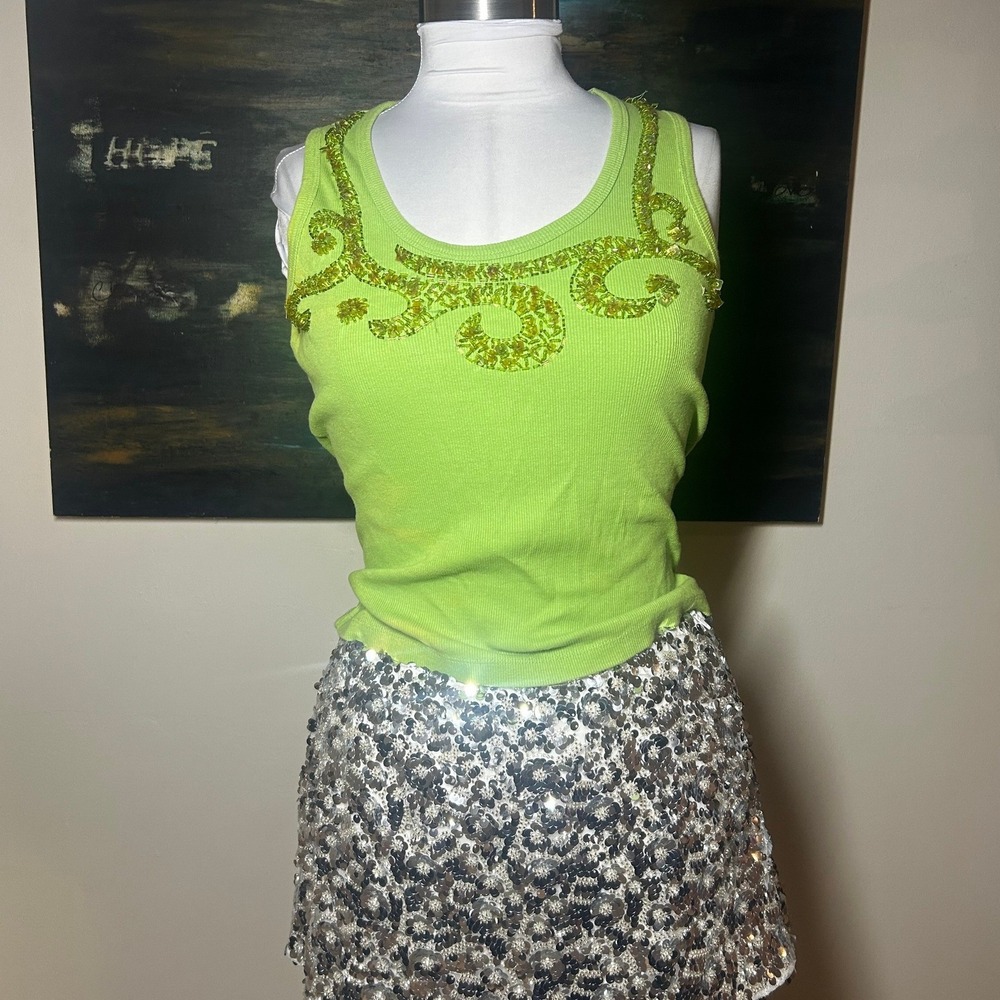 Ninety Beaded Sequin Tank Top Large Lime Green Ribbed Scroll Detail Y2K